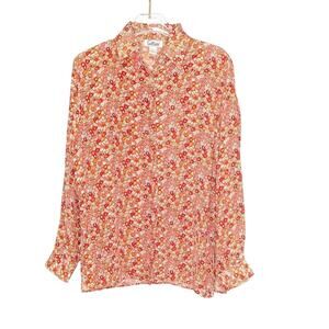Galliano Vintage Orange Pink Floral Pattern Silk Shirt Long Sleeve Collard S